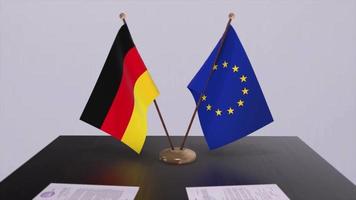 Germania e Unione Europea bandiera su tavolo. politica affare o attività commerciale accordo con nazione 3d animazione video