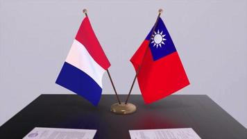 Taiwan und Frankreich National Flaggen auf Tabelle im diplomatisch Konferenz Zimmer. Politik Deal Zustimmung