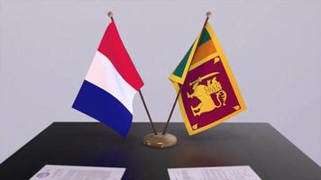 sri Lanka und Frankreich National Flaggen auf Tabelle im diplomatisch Konferenz Zimmer. Politik Deal Zustimmung