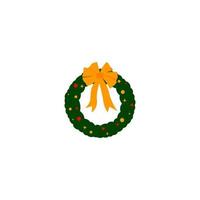 A green wreath with a yellow ribbon and orange bow is hanging on a white background. vector