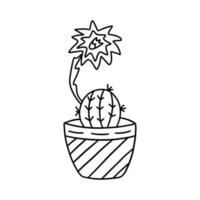 Adorable blooming cactus in a pot. Vector doodle