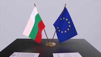 Bulgaria e Unione Europea bandiera su tavolo. politica affare o attività commerciale accordo con nazione 3d animazione video