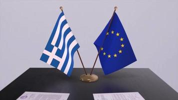Griechenland und EU Flagge auf Tisch. Politik Deal oder Geschäft Zustimmung mit Land 3d Animation video