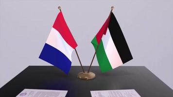 Palestine and France national flags on table in diplomatic conference room. Politics deal agreement video