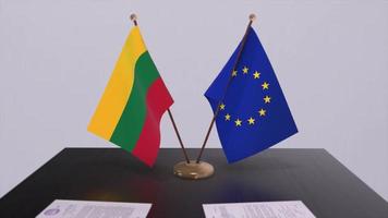 Lithuania and EU flag on table. Politics deal or business agreement with country 3D animation video