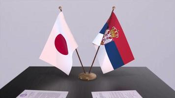 serbia och japan nationell flaggor, politisk handla, diplomatisk möte. politik och företag animering video