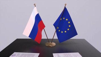 Russia e Unione Europea bandiera su tavolo. politica affare o attività commerciale accordo con nazione 3d animazione video