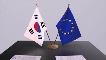 South Korea and EU flag on table. Politics deal or business agreement with country 3D animation video