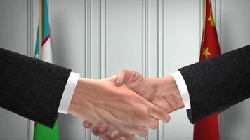 Uzbekistan and China Officials Business Meeting. Diplomacy Deal Animation. Partners Handshake 4K video