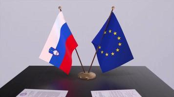 Slovenia and EU flag on table. Politics deal or business agreement with country 3D animation video