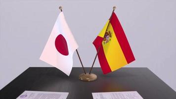 Spanje en Japan nationaal vlaggen, politiek overeenkomst, diplomatiek ontmoeting. politiek en bedrijf animatie video