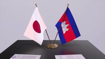 Cambodia and Japan national flags, political deal, diplomatic meeting. Politics and business animation video