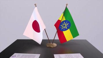 Ethiopia and Japan national flags, political deal, diplomatic meeting. Politics and business animation video