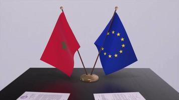 Morocco and EU flag on table. Politics deal or business agreement with country 3D animation video