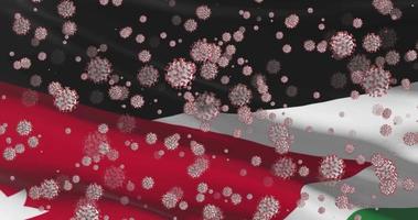 Jordan national flag closeup waving animation background with virus molecules, epidemic pandemia