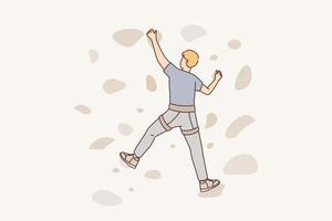 Man climbs on a climbing wall in a climbing gym isolated. Man climbing bouldering problem. Vector illustration.