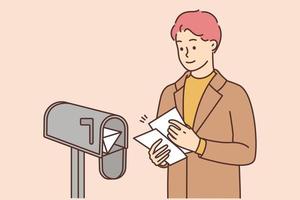 sonriente hombre recibir letras desde buzón cerca casa. contento chico obtener letras por correo. enviar y postal servicios. vector ilustración.