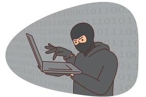 pirata informático, ciberdelincuente con ordenador portátil robando los usuarios personal datos. seguridad concepto.hack ataques y web seguridad. un hacker en un negro capucha con un ordenador portátil es molesto a llevar fuera un ciber ataque. vector