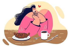 Woman sits at table with hot coffee and croissant, enjoys going to favorite coffee shop with breakfasts. Girl thinks about beloved man during breakfast or waits for tea and pastries to cool down vector