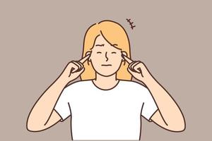 Unhappy woman close ears suffer from loud noise. Upset girl feel distressed hearing noisy sound. Vector illustration.