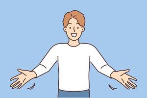 Smiling man with arms stretched open friend or colleague. Happy guy make hand gesture feel positive welcome or meet newcomer. Vector illustration.