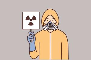 Man in protective uniform showing sign of radiation. Male in suit and respirator warning about chemical or radioactive hazard. Vector illustration.