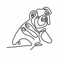 Dog sitting sideways in continuous line art drawing style. Black minimalistic linear sketch of dog sitting sideways isolated on white background. Vector illustration