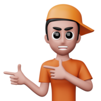 Happy excited man pointing to the side, Cute cartoon character, 3d rendering png