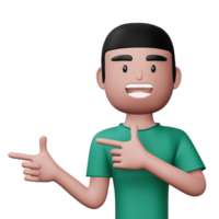 Happy excited man pointing to the side, Cute cartoon character, 3d rendering png