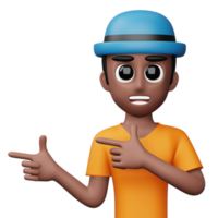 Happy excited man pointing to the side, Cute cartoon character, 3d rendering png