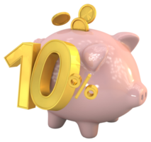 3D piggy bank with golden coin and number 10 png