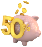 3D piggy bank with golden coin and number 50 png