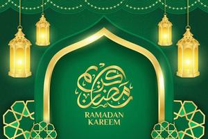 islámico ornamento modelo para fondo, bandera, póster, cubrir diseño, sobre, social medios de comunicación alimentar. Ramadán kareem y eid Mubarak 2023 concepto, verde fondo, musulmán linterna, modelo vector