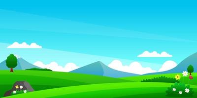 Nature landscape vector illustration with green meadow and blue sky