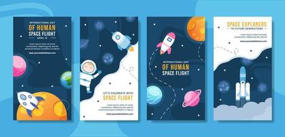 International Human Space Flight Day Social Media Stories Cartoon Hand Drawn Templates Background Illustration vector