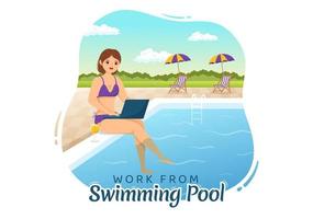 Freelance Workers From Swimming Pool Illustration with Relaxing, Drink Cocktails and Using Laptop in Cartoon Hand Drawn for Landing Page Templates vector