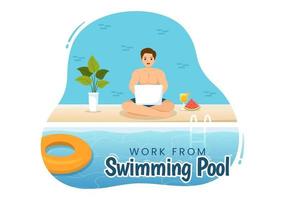 Freelance Workers From Swimming Pool Illustration with Relaxing, Drink Cocktails and Using Laptop in Cartoon Hand Drawn for Landing Page Templates vector