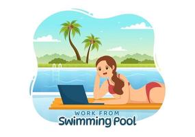 Freelance Workers From Swimming Pool Illustration with Relaxing, Drink Cocktails and Using Laptop in Cartoon Hand Drawn for Landing Page Templates vector