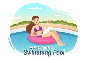 Freelance Workers From Swimming Pool Illustration with Relaxing, Drink Cocktails and Using Laptop in Cartoon Hand Drawn for Landing Page Templates vector