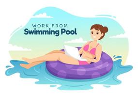 Lanza libre trabajadores desde nadando piscina ilustración con relajante, bebida cócteles y utilizando ordenador portátil en dibujos animados mano dibujado para aterrizaje página plantillas vector