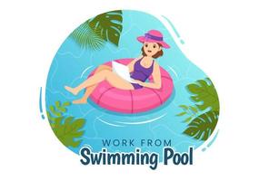 Lanza libre trabajadores desde nadando piscina ilustración con relajante, bebida cócteles y utilizando ordenador portátil en dibujos animados mano dibujado para aterrizaje página plantillas vector