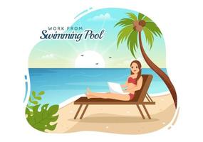 Freelance Workers From Swimming Pool Illustration with Relaxing, Drink Cocktails and Using Laptop in Cartoon Hand Drawn for Landing Page Templates vector