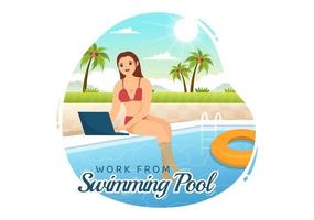 Lanza libre trabajadores desde nadando piscina ilustración con relajante, bebida cócteles y utilizando ordenador portátil en dibujos animados mano dibujado para aterrizaje página plantillas vector