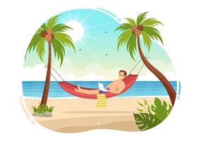 Freelance Workers From Swimming Pool Illustration with Relaxing, Drink Cocktails and Using Laptop in Cartoon Hand Drawn for Landing Page Templates vector