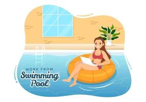 Lanza libre trabajadores desde nadando piscina ilustración con relajante, bebida cócteles y utilizando ordenador portátil en dibujos animados mano dibujado para aterrizaje página plantillas vector