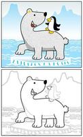 Funny polar bear with penguin on ice mountain background, vector cartoon illustration, coloring book or page