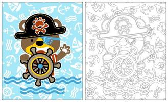 Funny bear in pirate costume holding steering wheel on sailing elements background, vector cartoon, coloring page or book