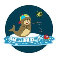 Funny walrus fishing on ice chunk, vector cartoon illustration