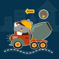 Cute rhinoceros on mixer truck on buildings background, vector cartoon illustration