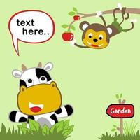 vector cartoon illustration of cute cow with monkey on tree branches picking fruit